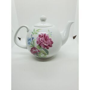 White Teapot with Peony Flowers sprigs of Blue Flowers and Greenery-Transferware